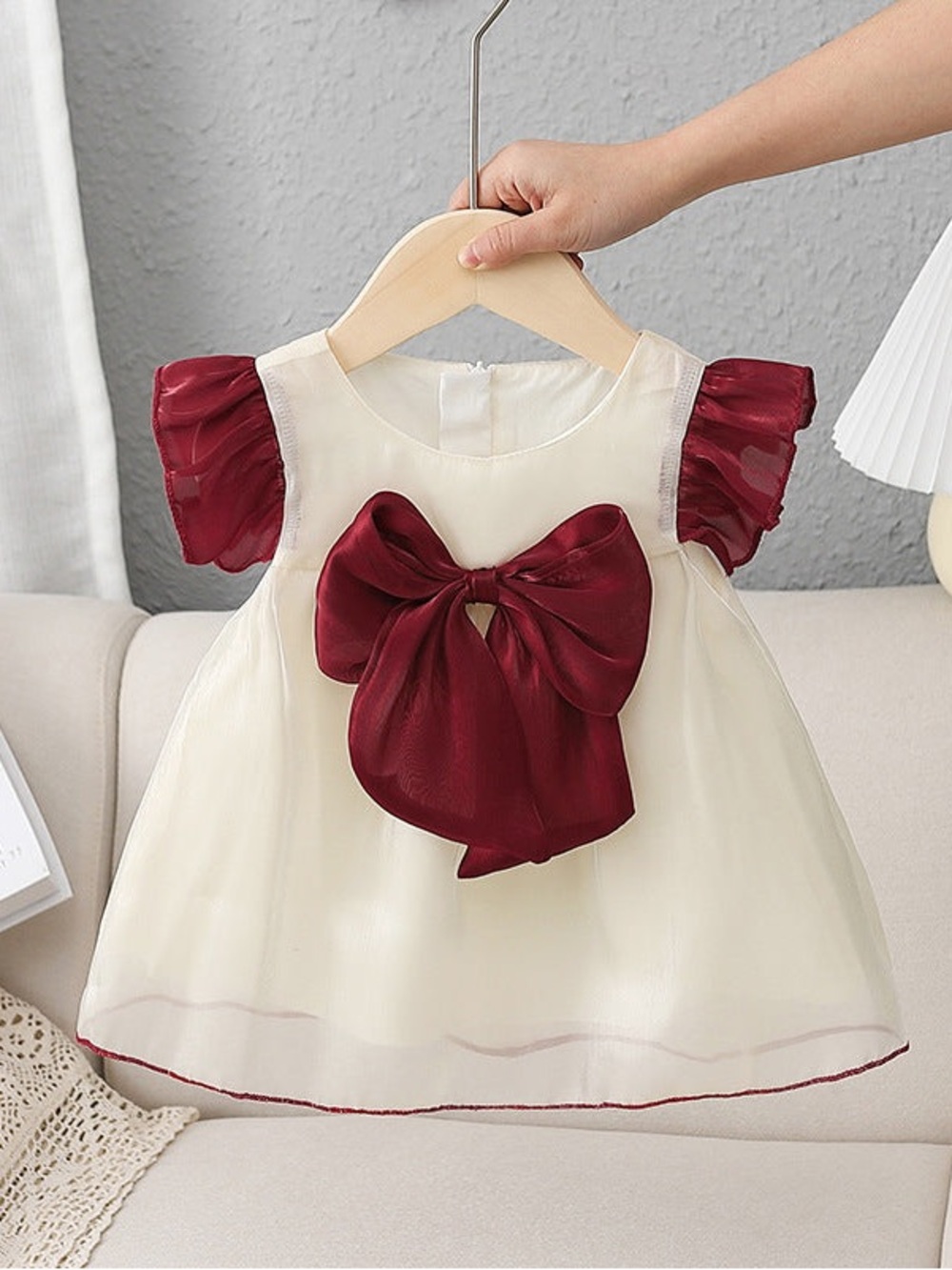 Girls' Ivory Party Dress with Burgundy Bow and Sleeves